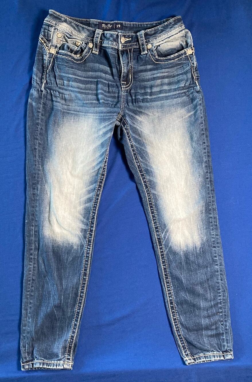 Miss Me Denim Blue Ankle Jeans 29 Mid Rise Skinny Pants Distressed Back Logo